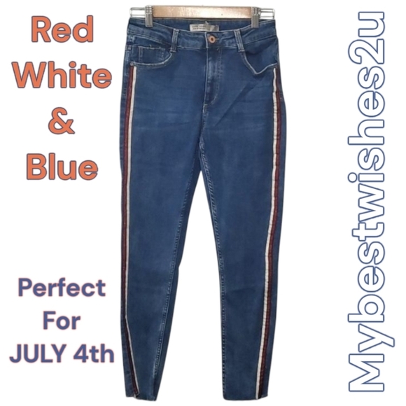 Zara Jeans Womens Size 6 Blue With White Glitter Red Side Stripes Raw Cut Frayed - Picture 1 of 12